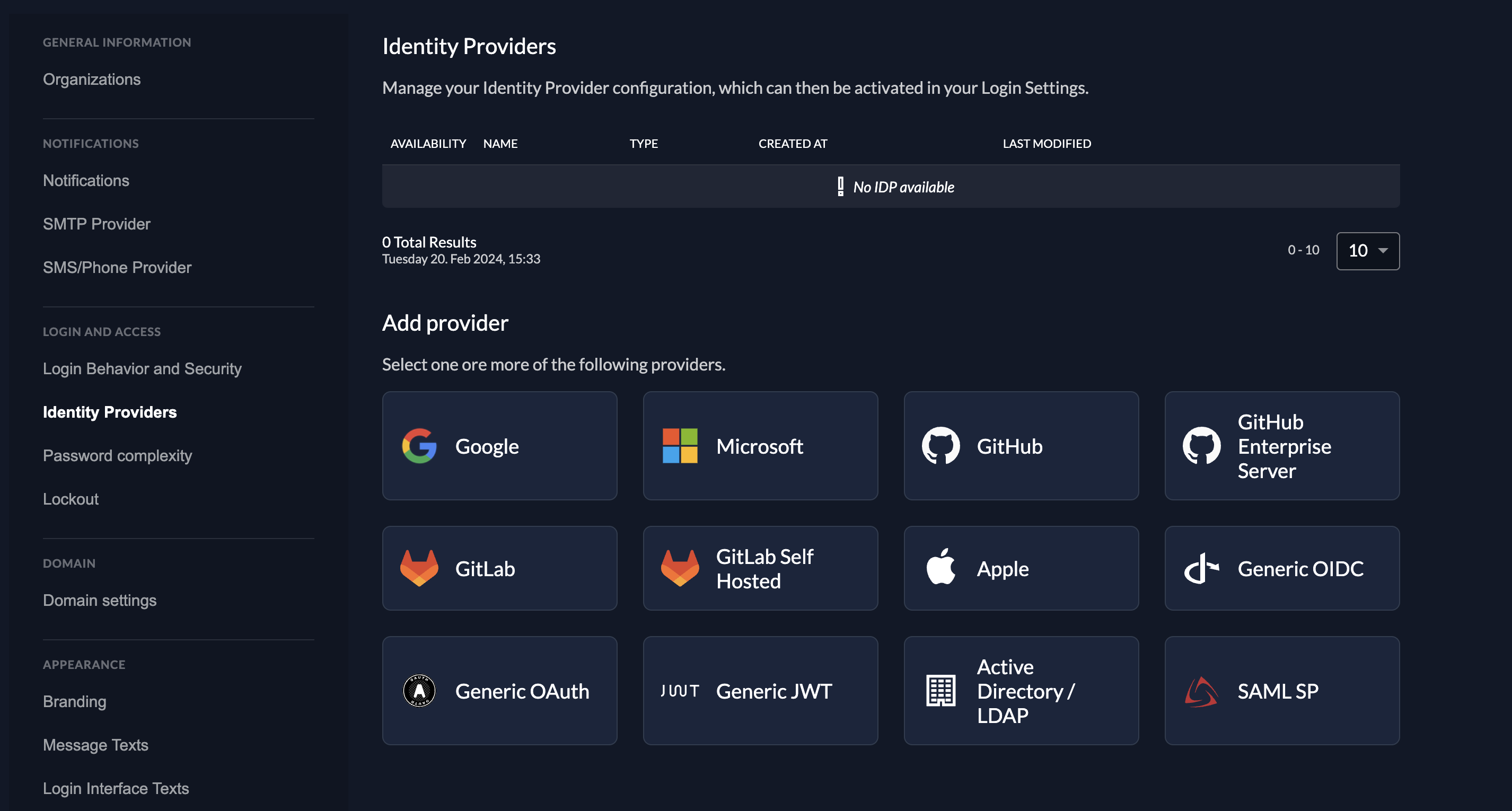 Screenshot of ZITADEL console showing different identity provider templates